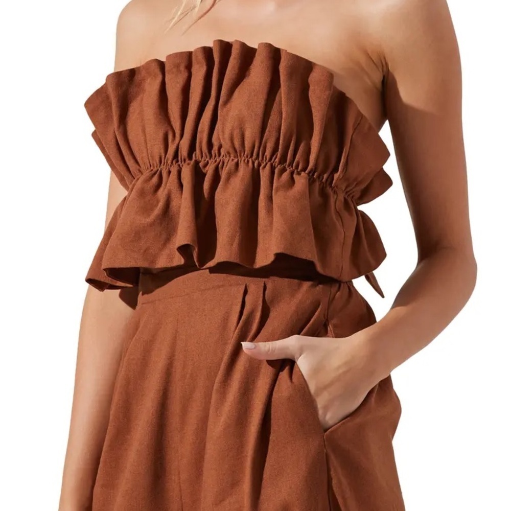 Ruffle Bodice Tie Back Strapless Cotton & Linen Jumpsuit - Picture 2 of 7